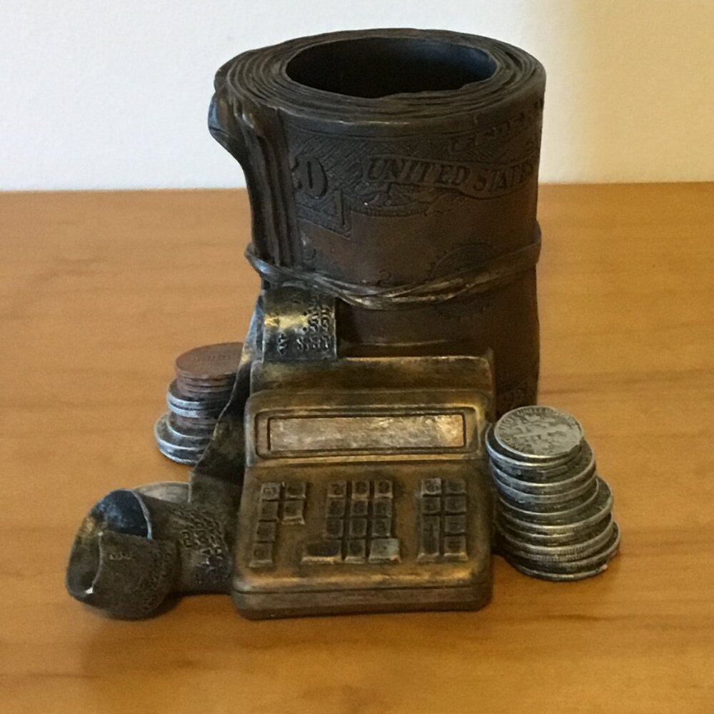 RARE VINTAGE BANK CALCULATOR COINS & ROLL of DOLLARS 3D OFFICE DESK SHELVE DECOR